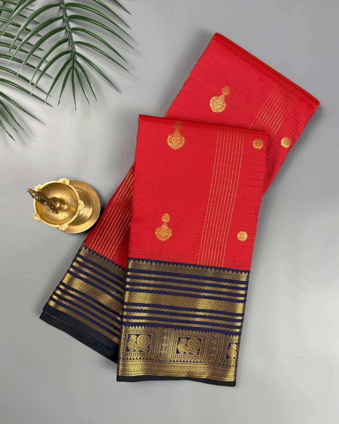 Vermilion Red Soft Semi Silk Kanjivaram Style Saree with Korvai Navy Blue Zari Border