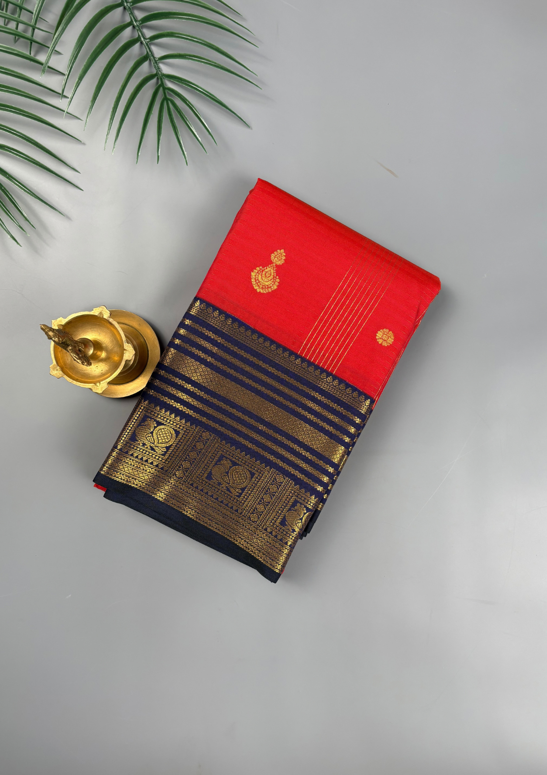 Vermilion Red Soft Semi Silk Kanjivaram Style Saree with Korvai Navy Blue Zari Border