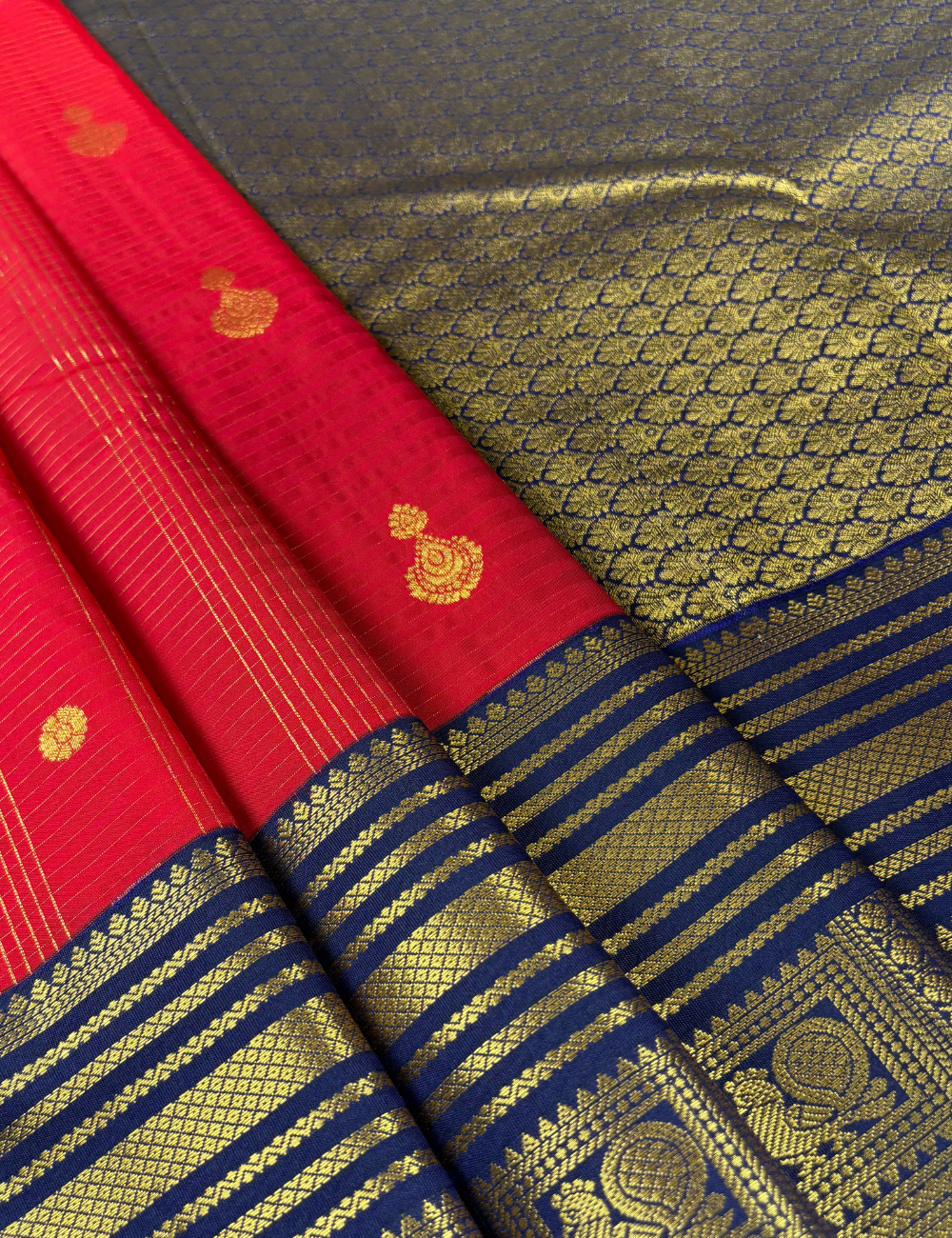 Vermilion Red Soft Semi Silk Kanjivaram Style Saree with Korvai Navy Blue Zari Border