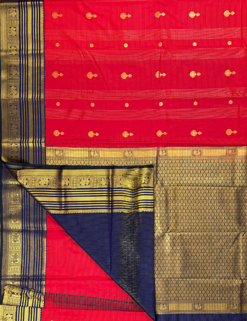 Vermilion Red Soft Semi Silk Kanjivaram Style Saree with Korvai Navy Blue Zari Border