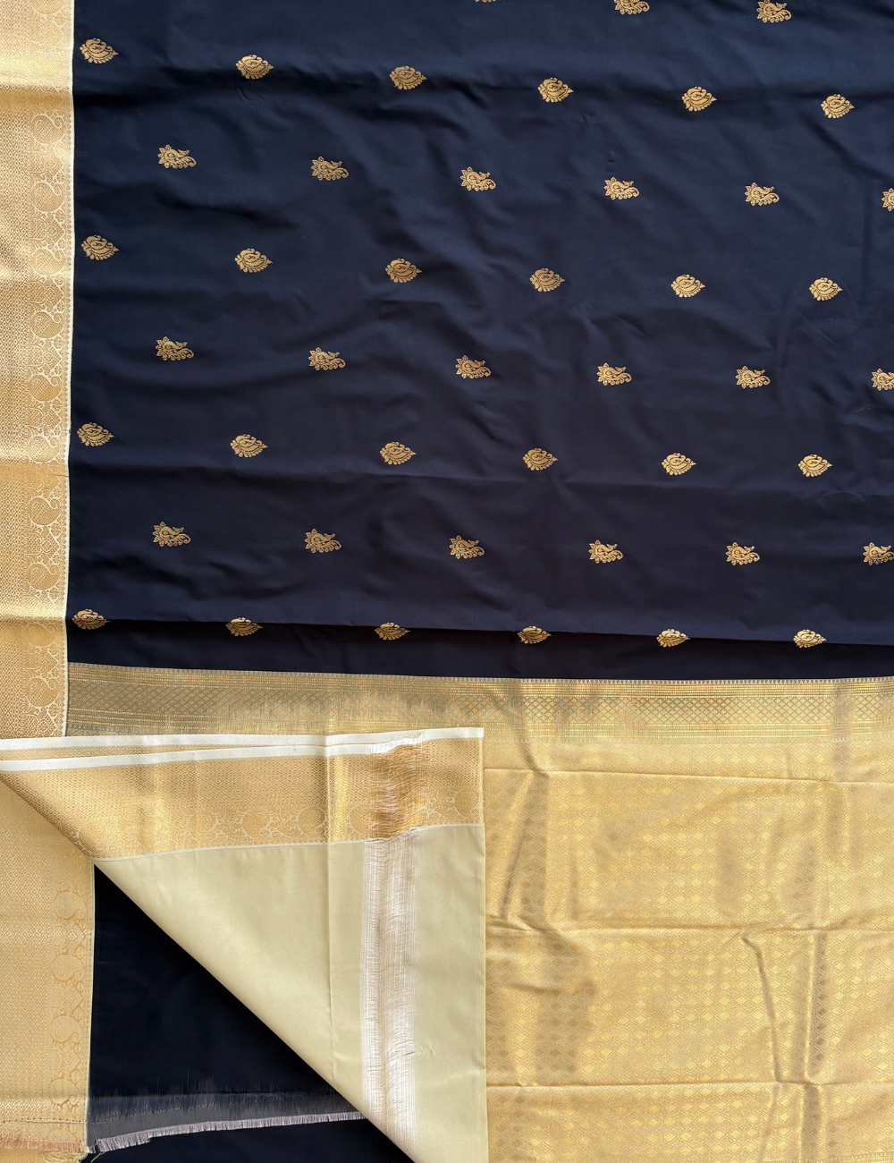 Black Soft Semi Silk Kanjivaram Saree with Half white Zari Border