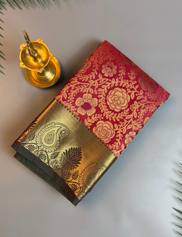 Red Soft Semi Silk Brocade Kanjivaram Saree with Olive Korvai Gold Zari Border