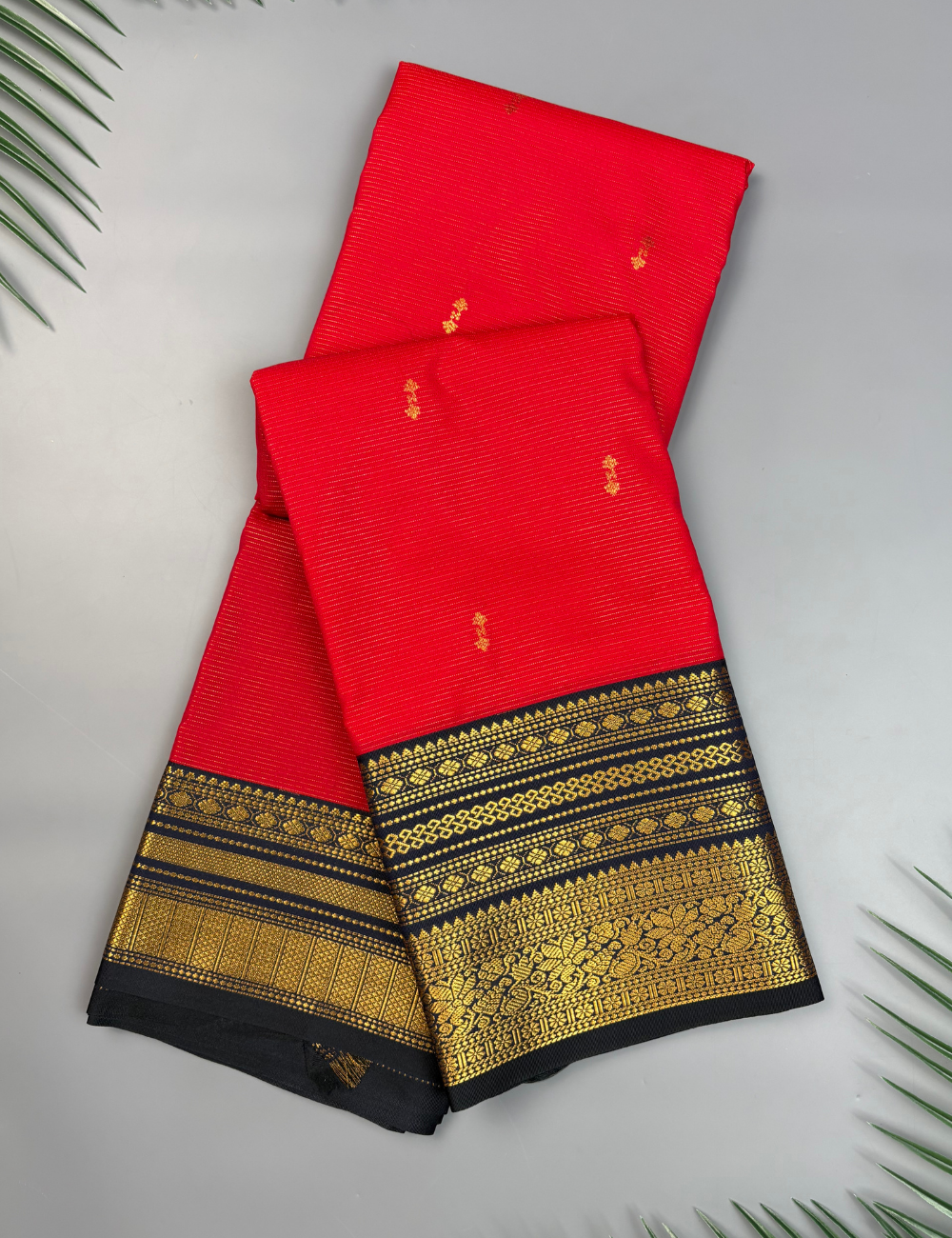 Red Kanjivaram Style Semi Silk Saree with Navy Blue Rich Golden Zari Border