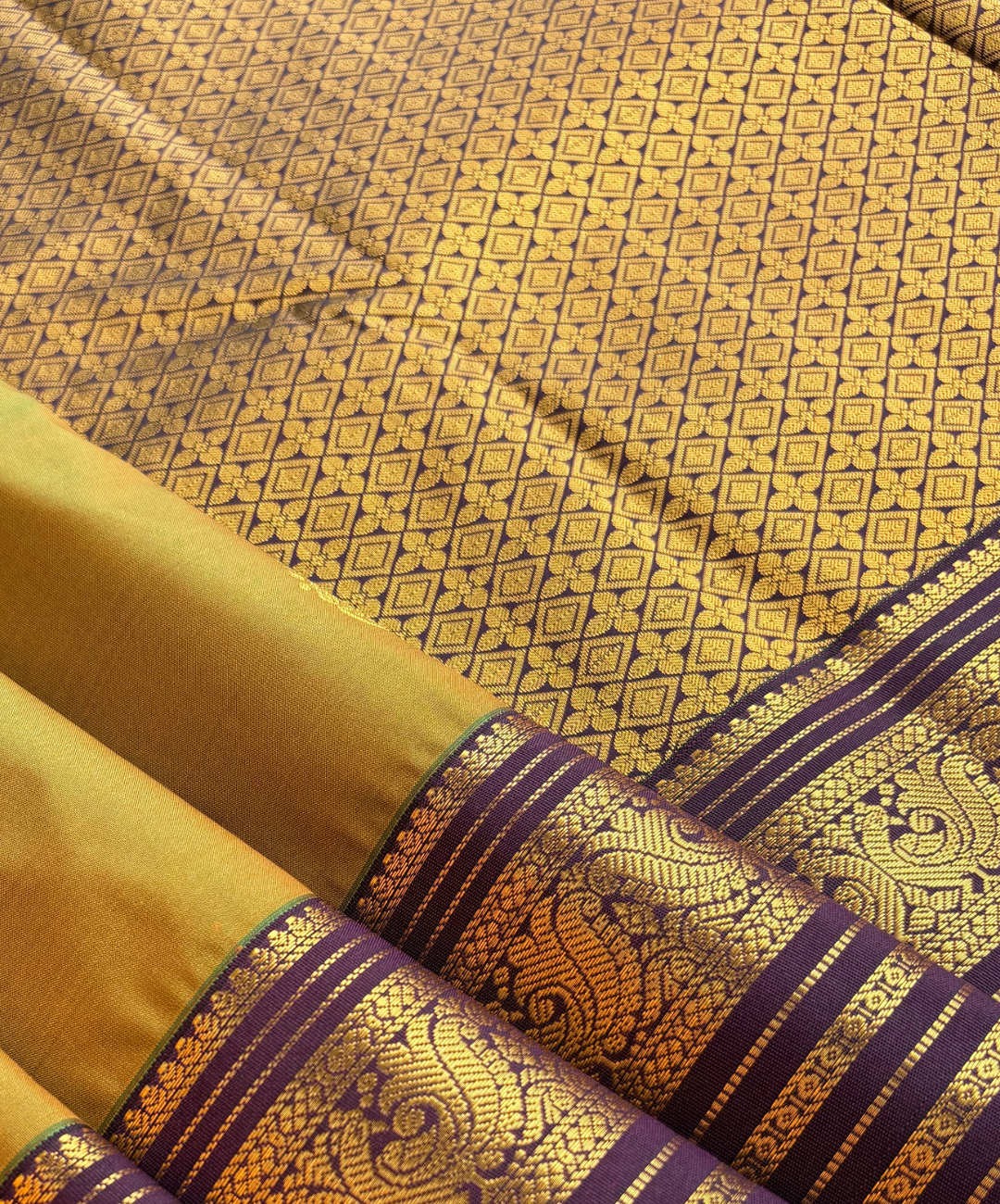 Olive Green with deep Purple Semi Silk Kanjivaram Saree with Traditional Gold Zari Border