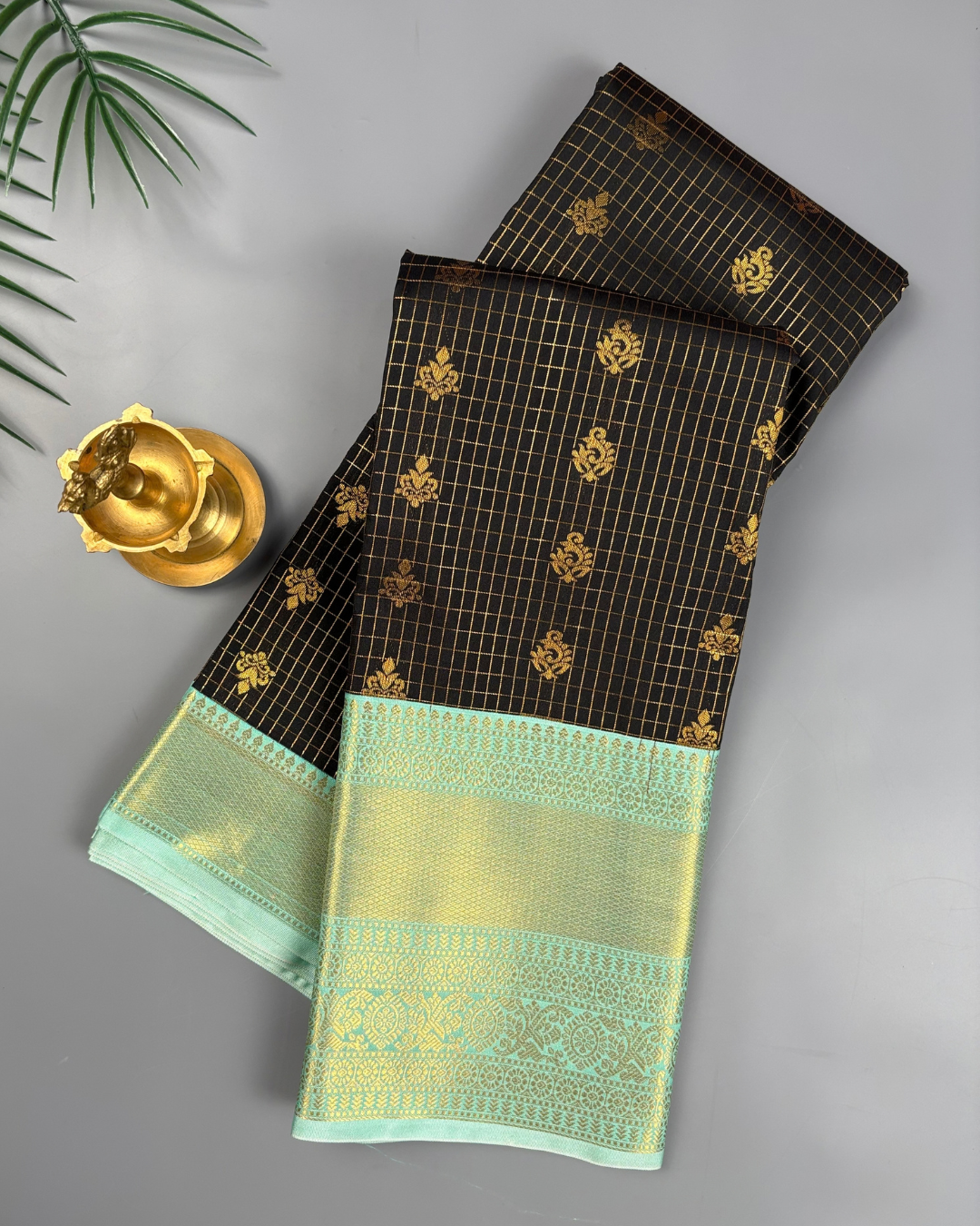 Black Soft Semi Silk Kanjivaram Style Saree with Ice Blue Korvai Border