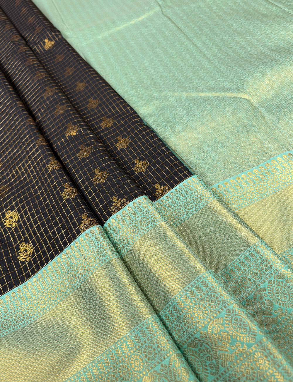 Black Soft Semi Silk Kanjivaram Style Saree with Ice Blue Korvai Border