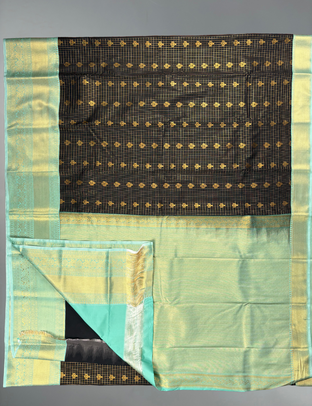 Black Soft Semi Silk Kanjivaram Style Saree with Ice Blue Korvai Border