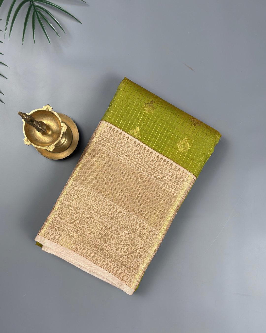 Light Green Soft Semi Silk  Kanjivaram Saree with Champagne Gold Border