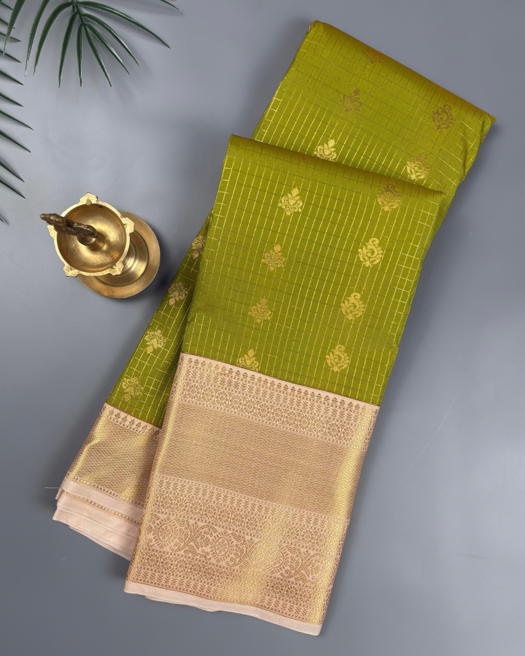 Light Green Soft Semi Silk  Kanjivaram Saree with Champagne Gold Border