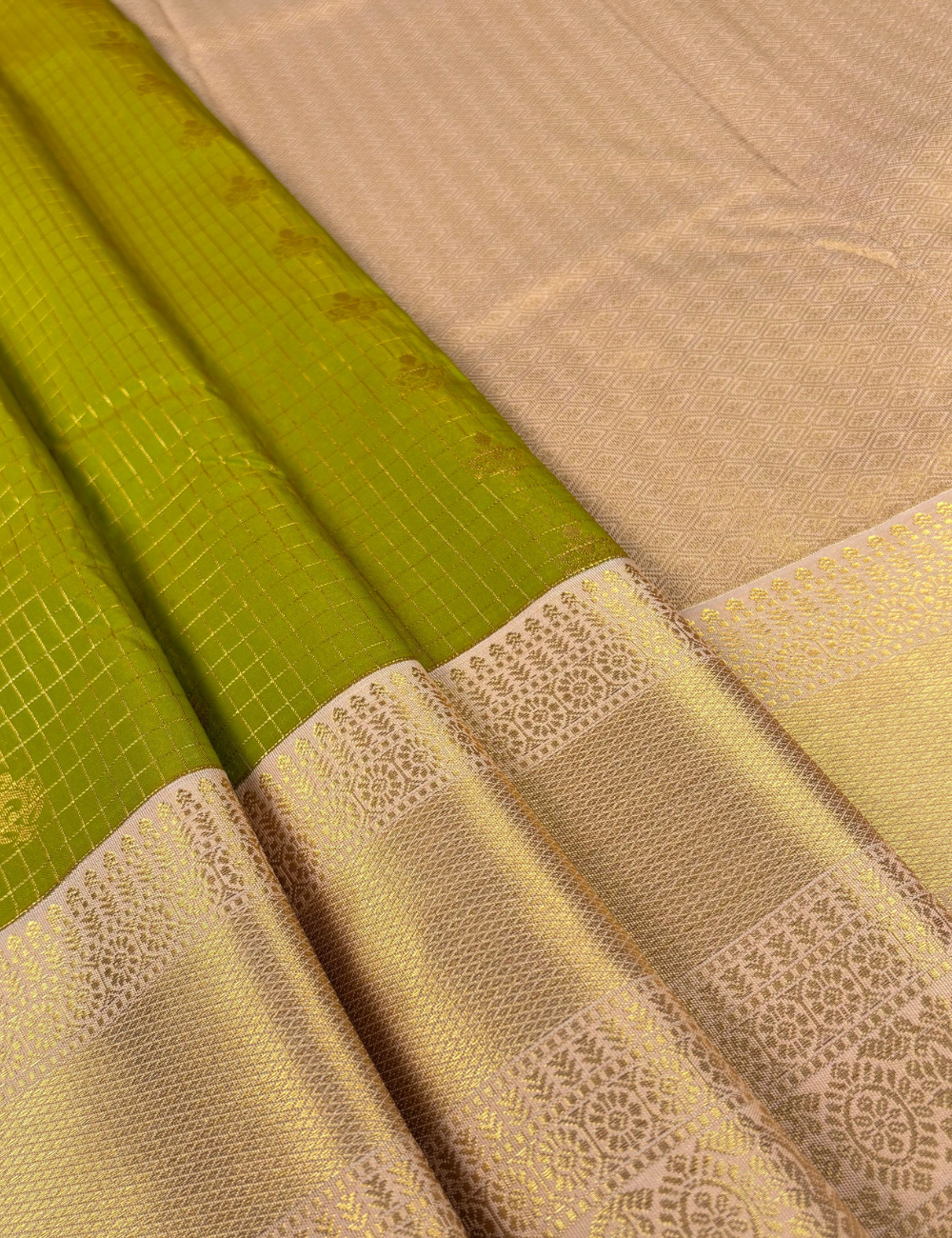Light Green Soft Semi Silk  Kanjivaram Saree with Champagne Gold Border