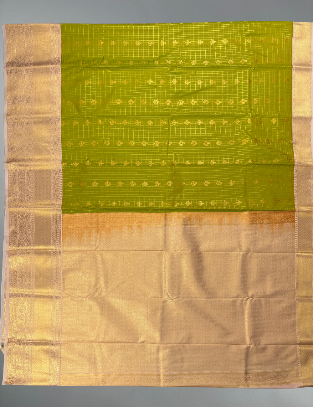 Light Green Soft Semi Silk  Kanjivaram Saree with Champagne Gold Border