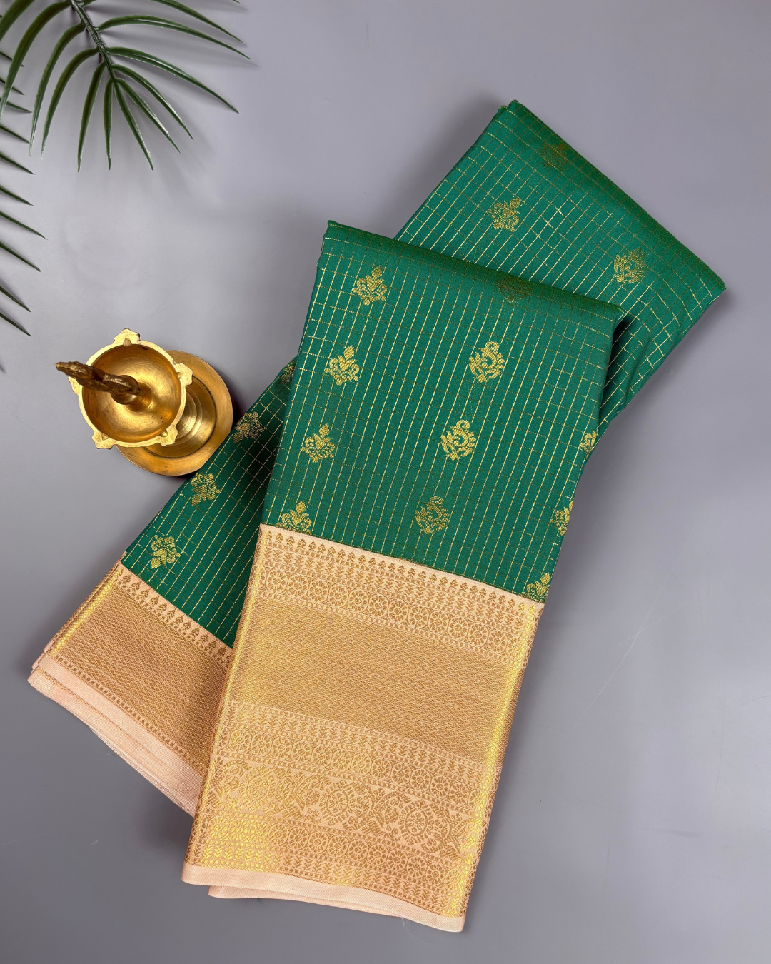 Emerald Green Soft Semi Silk Saree with Champagne Gold Zari Border