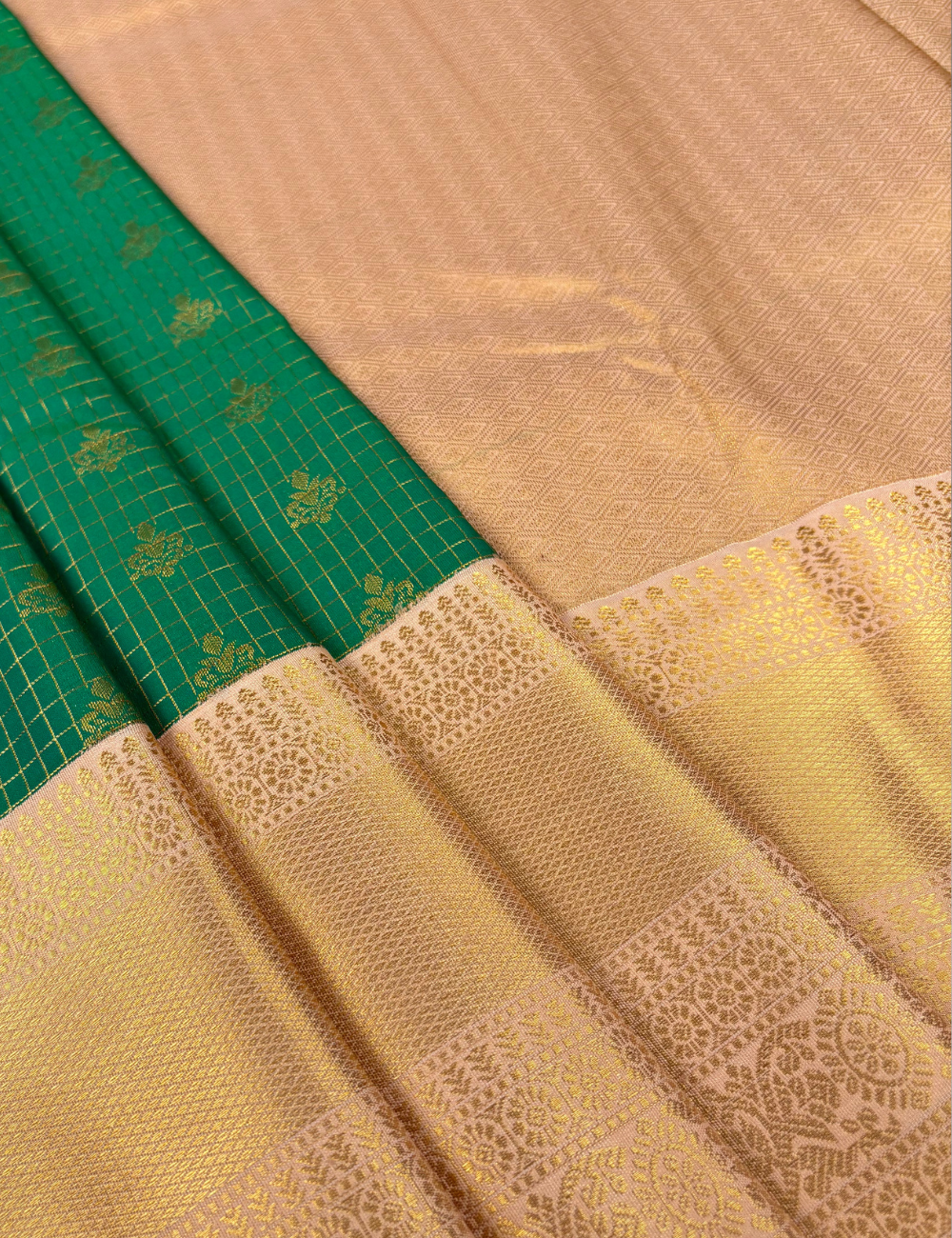 Emerald Green Soft Semi Silk Saree with Champagne Gold Zari Border