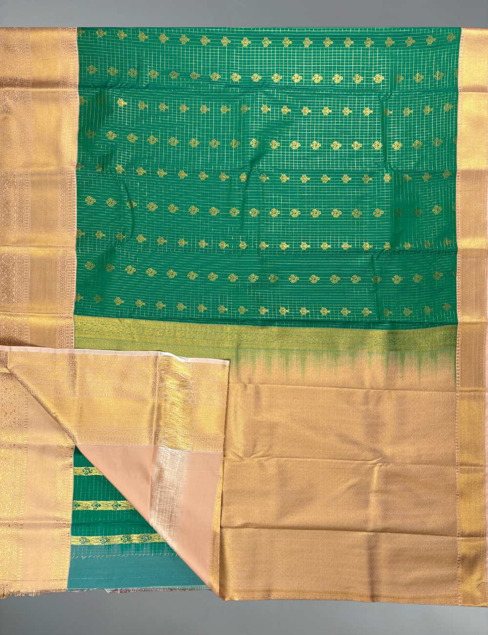 Emerald Green Soft Semi Silk Saree with Champagne Gold Zari Border