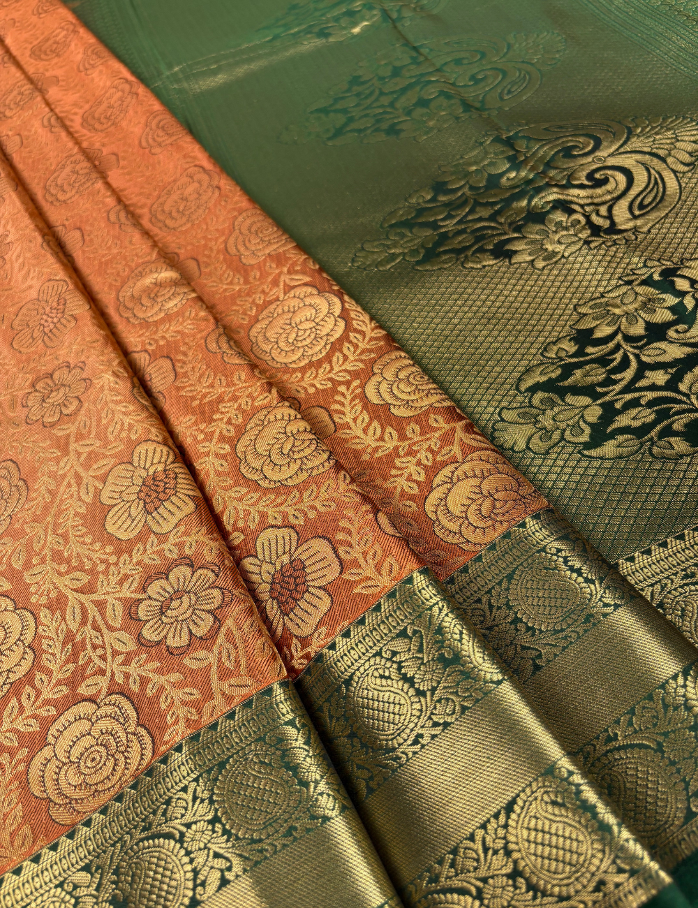 Elegant Rust Orange FLoral Brocade Semi Silk Saree with Antique Gold Border