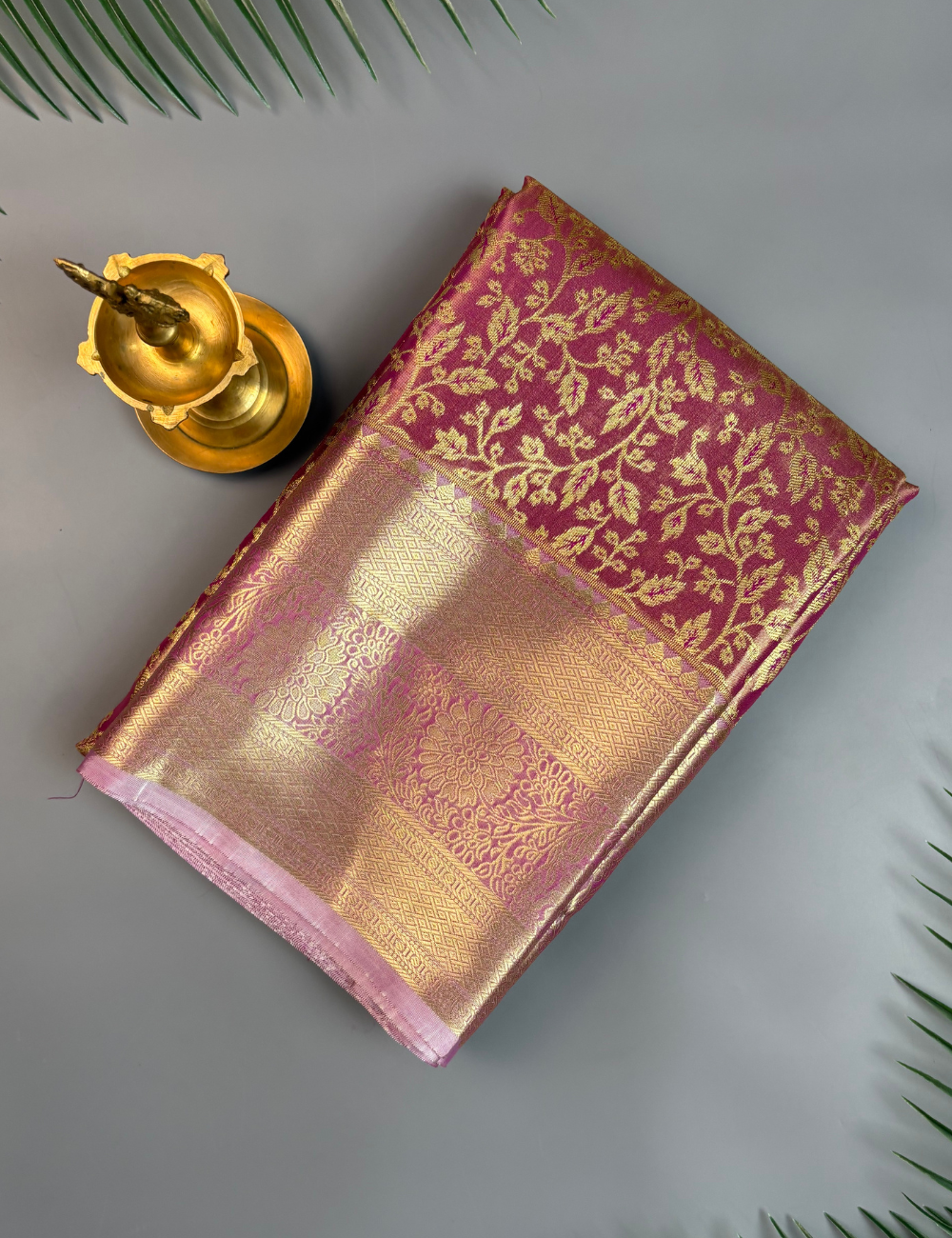 Wine Pink Tissue Semi Silk Kanjivaram Saree with Antique Gold Floral Zari Weave