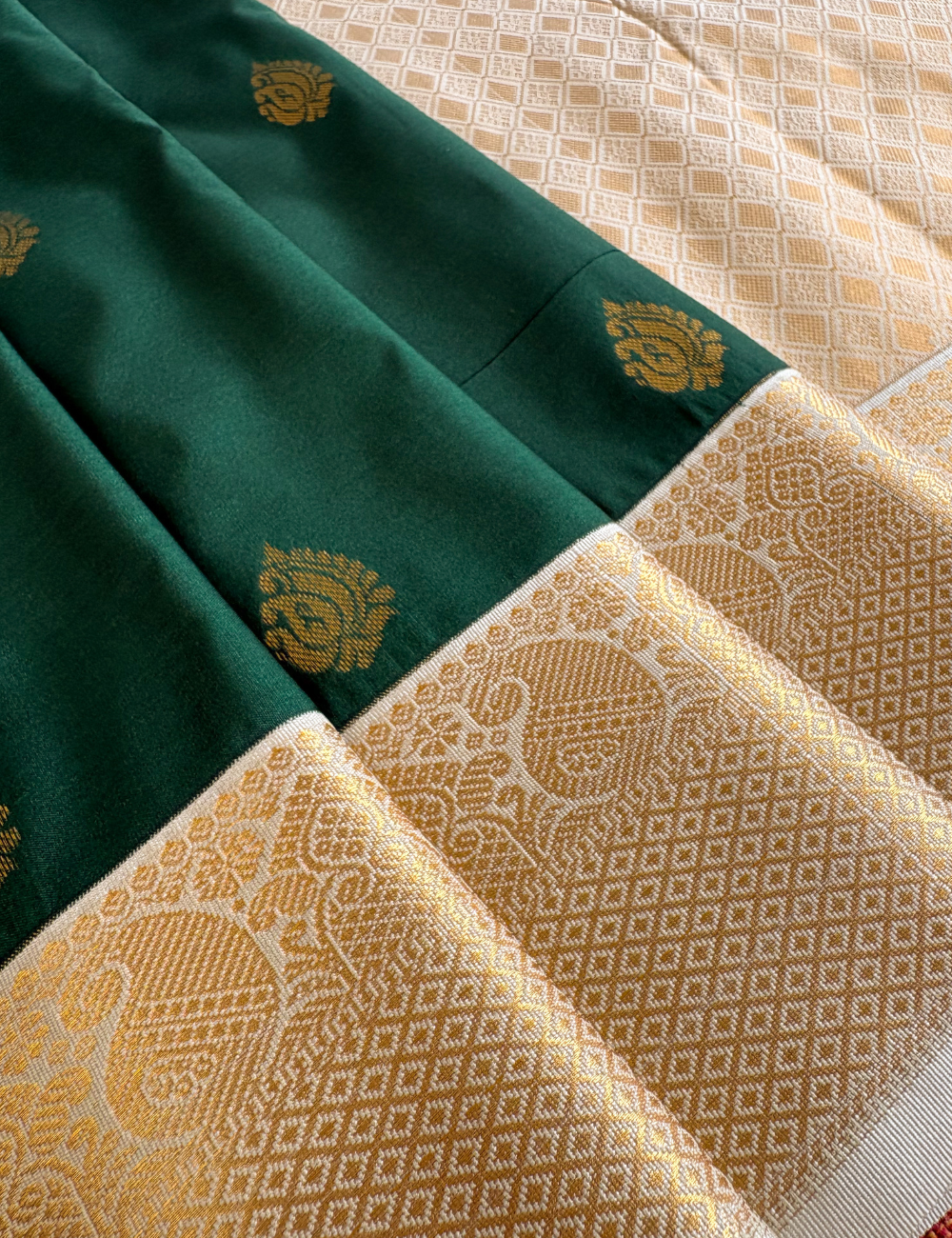 Bottle Green Soft Kanjivaram Semi Silk Saree with Elegant Golden Zari Border