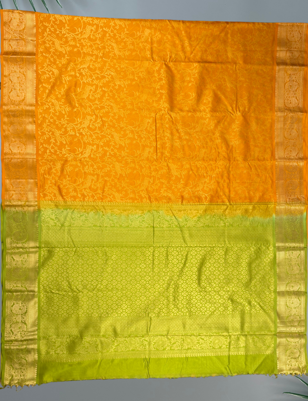 Mango Yellow Silk Cotton Kanjivaram Saree with Classic Green Rich Zari Border