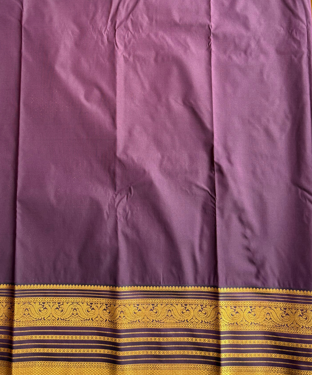 Olive Green with deep Purple Semi Silk Kanjivaram Saree with Traditional Gold Zari Border