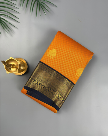 Marigold yellow Soft Kanjivaram Semi Silk with Korvai Navy Border Saree