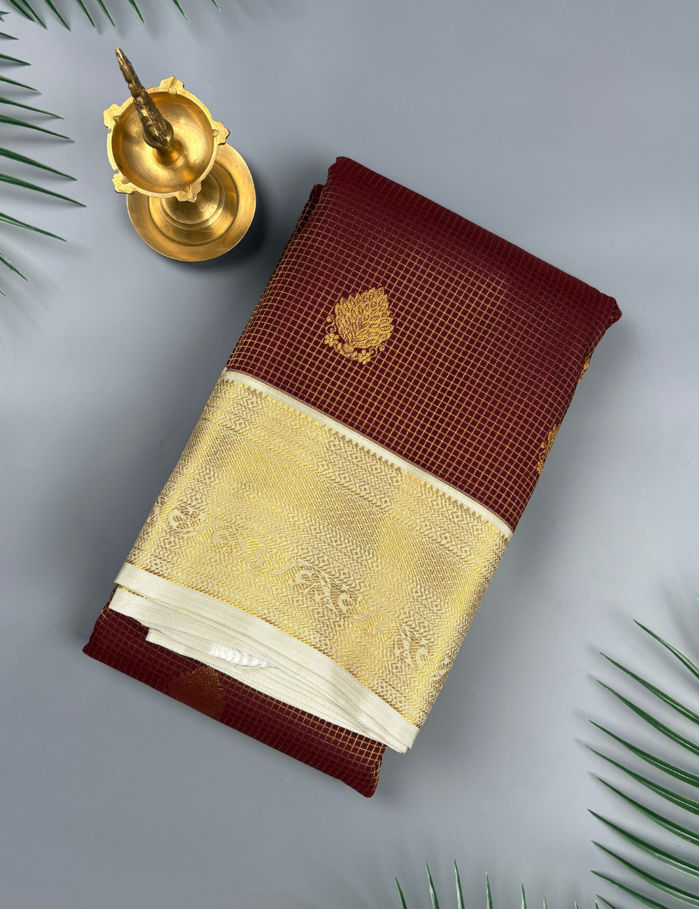 Brown Kanjivaram Semi Silk Saree with Ivory Gold Zari Border | Traditional Wedding Silk Saree