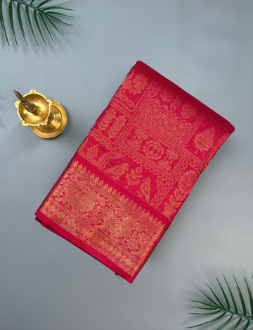 Rose Pink Kanjivaram Silk Cotton Saree with Intricate Gold Zari Floral Weave