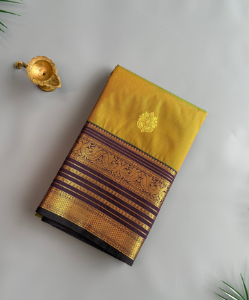 Olive Green with deep Purple Semi Silk Kanjivaram Saree with Traditional Gold Zari Border