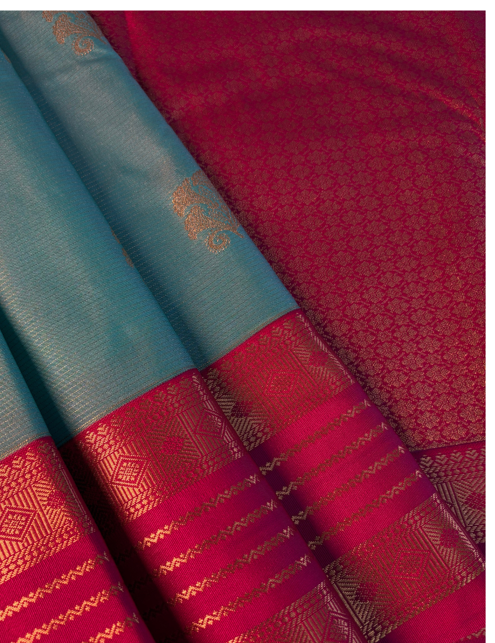 Sea Blue Soft Semi Silk Kanjivaram Saree with Korvai Rani Rose Border