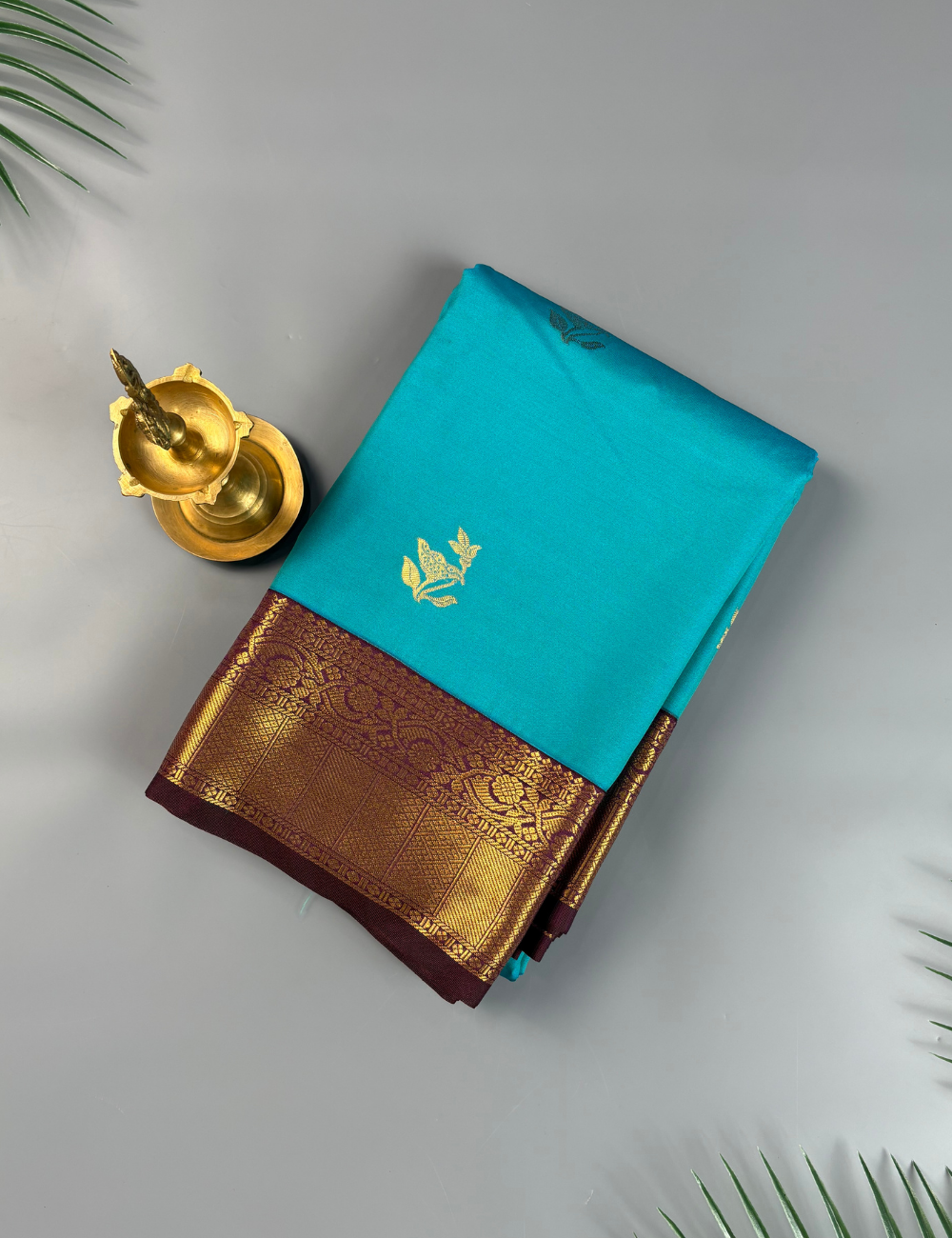 Sky blue Semi Silk Kanjivaram Saree with brown purple Border