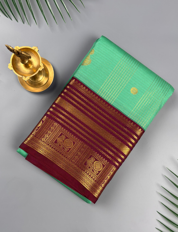 Sea Green Soft Semi Silk Kanjivaram Saree with Maroon Korvai Zari Border