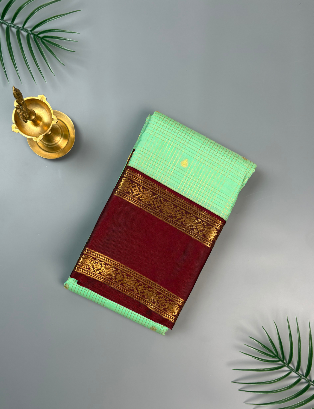 Sea green soft semi silk Kanjivaram Saree with Maroon Korvai Border