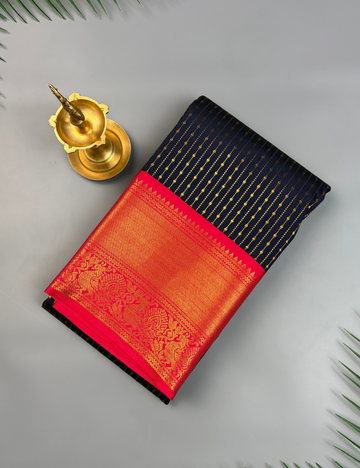 Navy Blue Soft Kanjivaram Semi Silk Saree with Pink Korvai Gold Zari Border