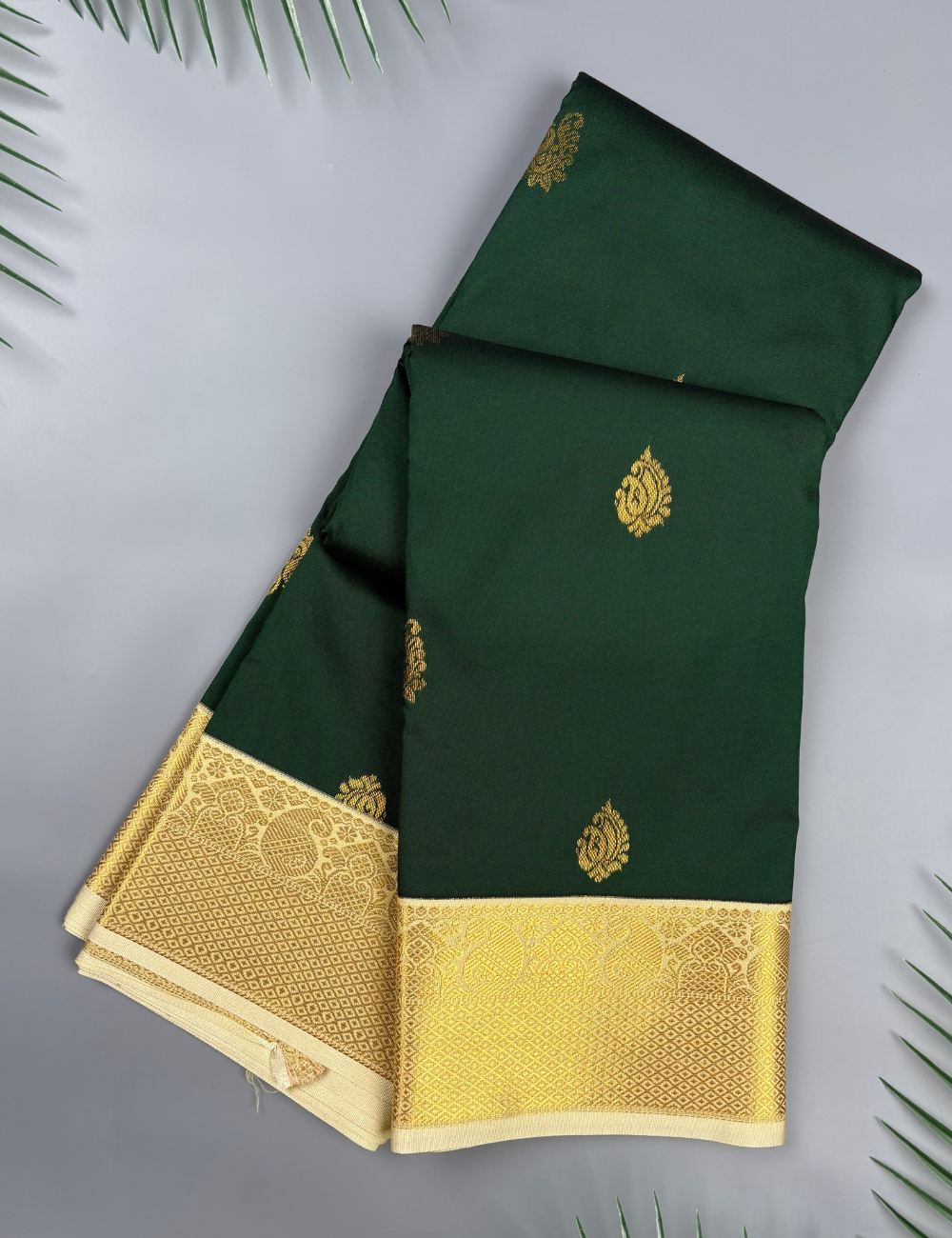 Bottle Green Soft Kanjivaram Semi Silk Saree with Ivory Golden Zari Border