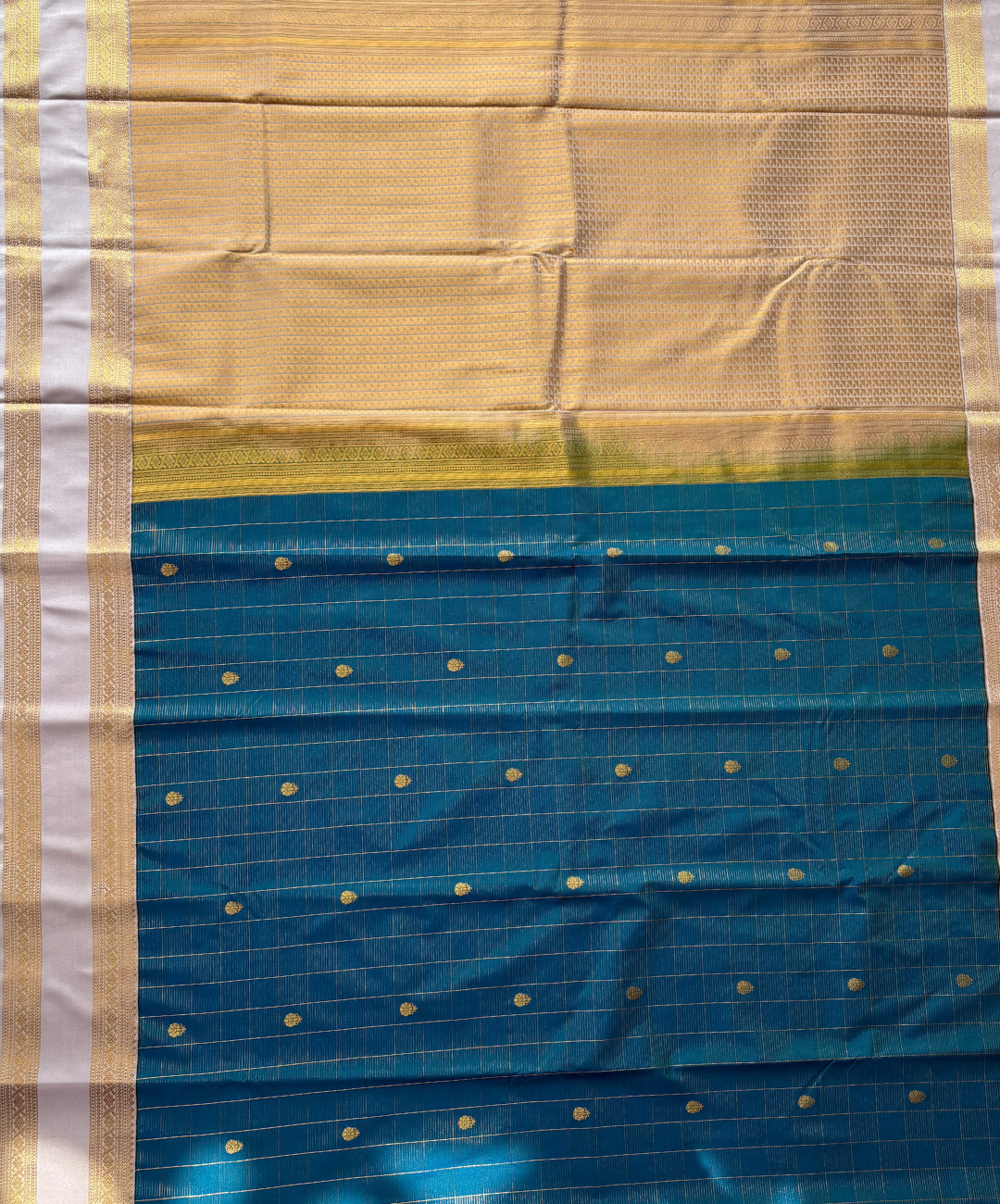 Teal Blue Soft Semi Silk Kanjivaram Saree with off white Border