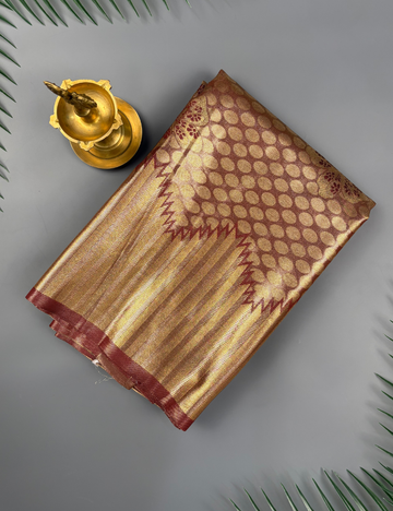Cocoa Brown Tissue Semi Silk Saree with Heavy Zari Pallu & Polka Weave