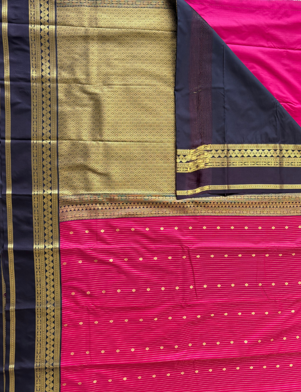 Dark Rose Pink & Deep purple Semi Silk Saree with Gold Zari Stripes and Traditional Woven Border