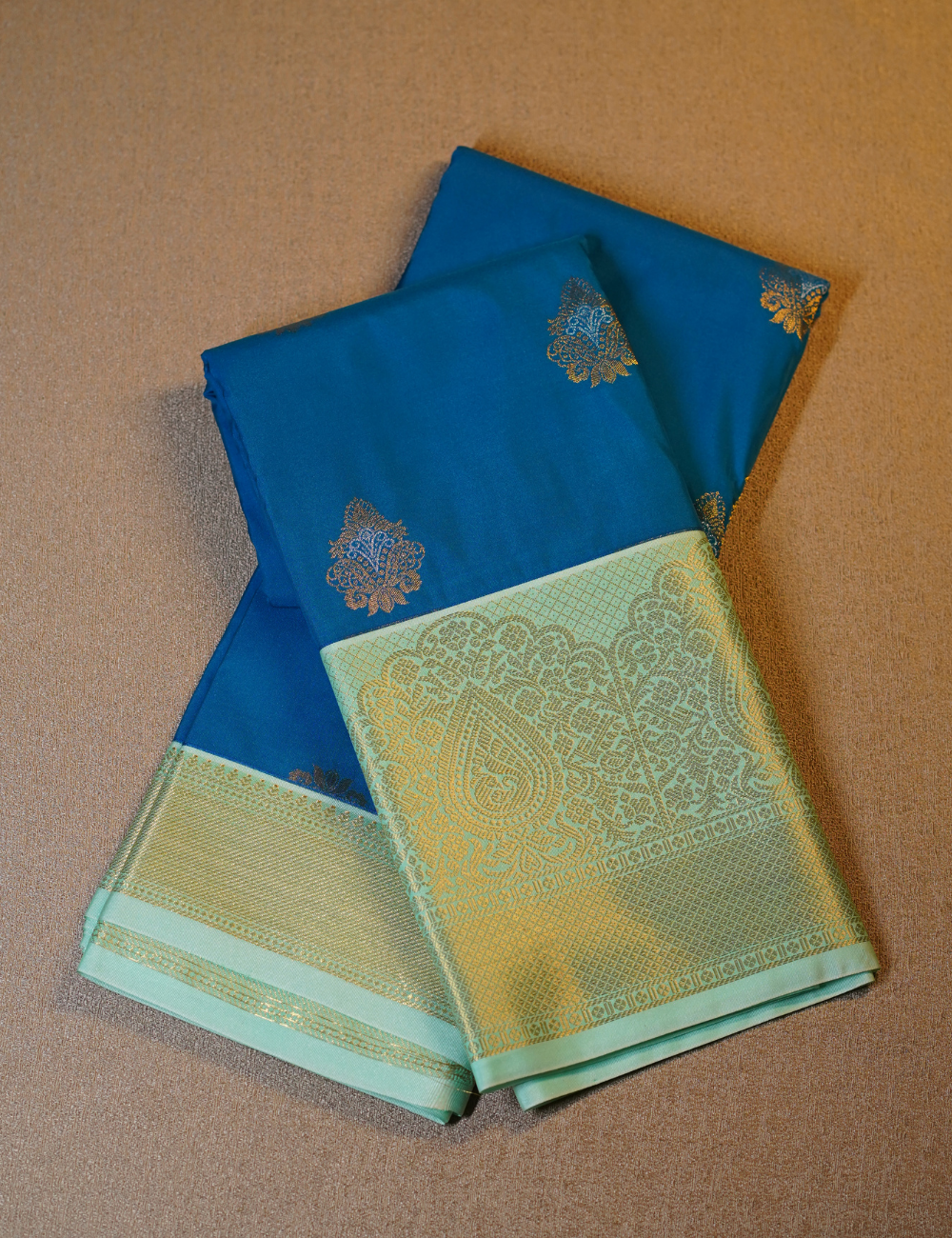Blue Soft Semi Silk Kanjivaram Saree with Light Green Korvai Zari Border
