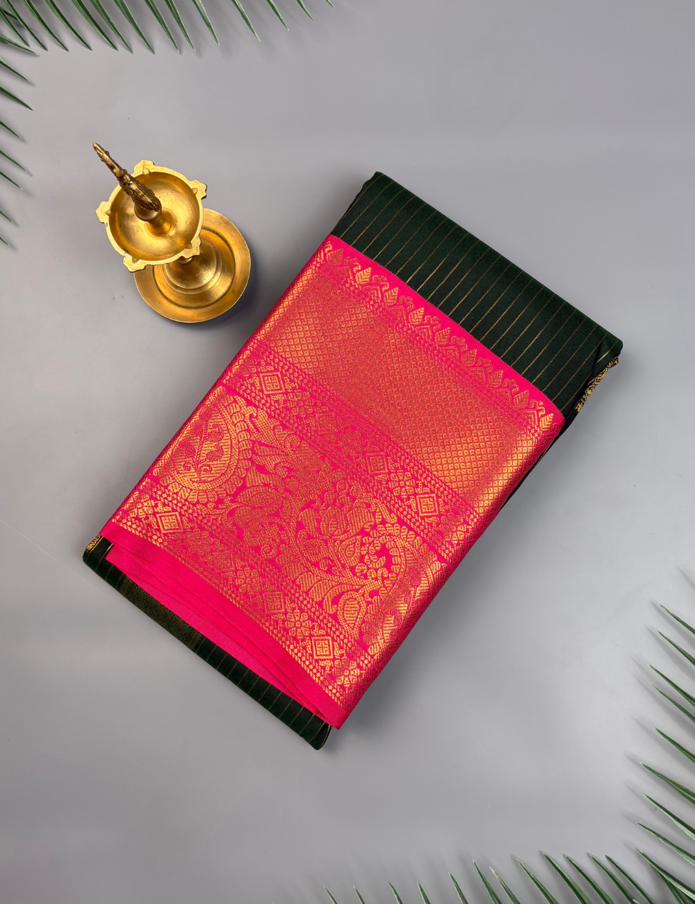 Deep Bottle green soft semi silk kanjivaram saree with pink korvai border