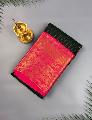 Deep Bottle green soft semi silk kanjivaram saree with pink korvai border