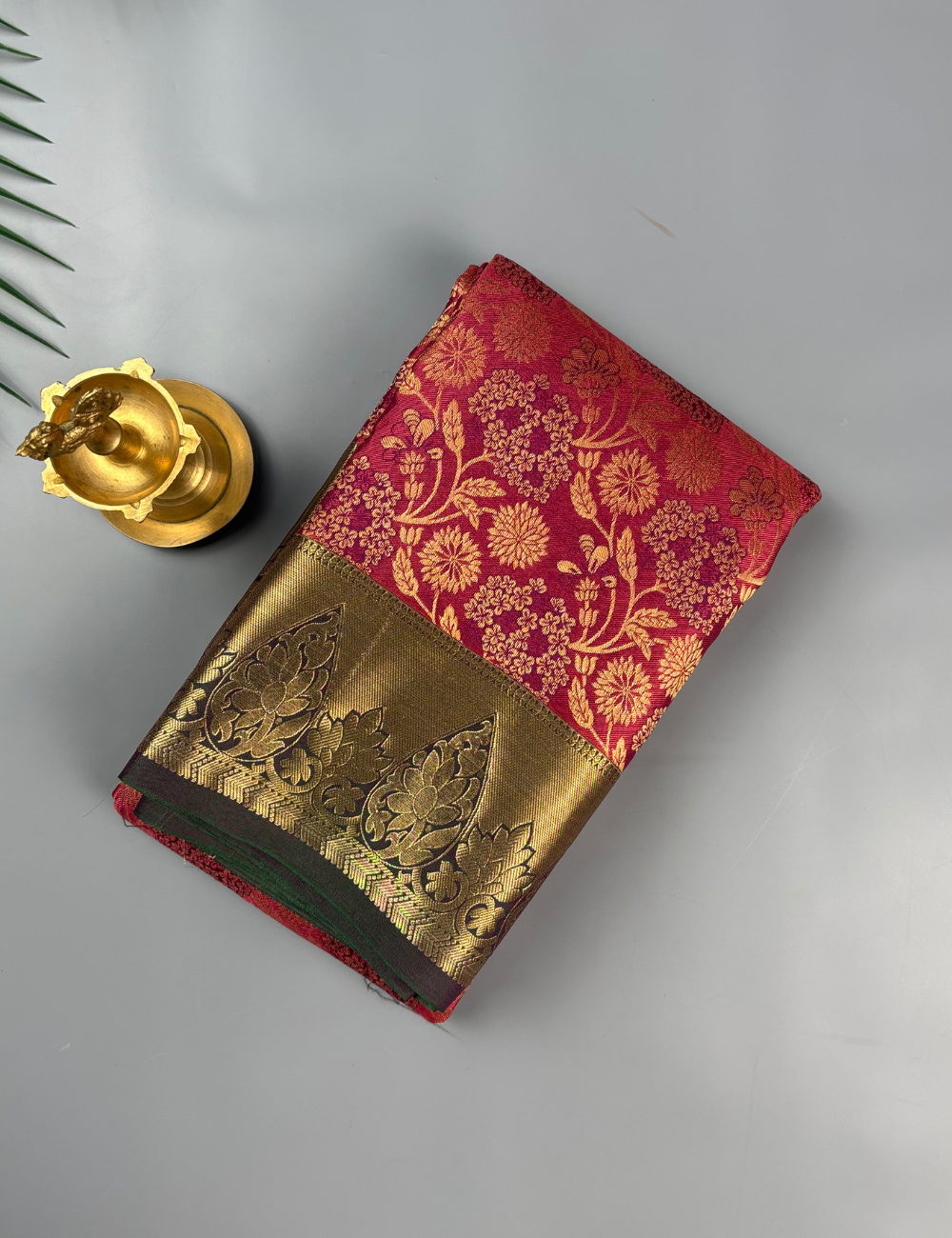 Regal Magenta Brocade Semi Silk Saree with Green Antique Gold Zari Border