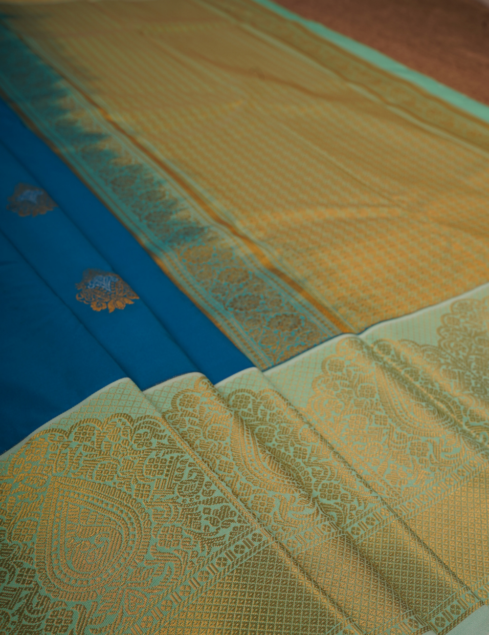 Blue Soft Semi Silk Kanjivaram Saree with Light Green Korvai Zari Border