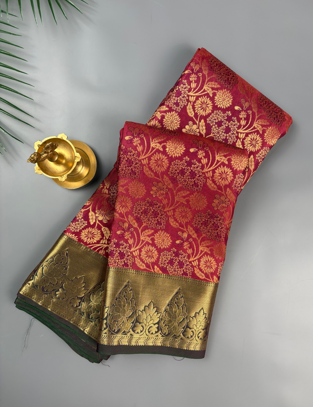 Regal Magenta Brocade Semi Silk Saree with Green Antique Gold Zari Border