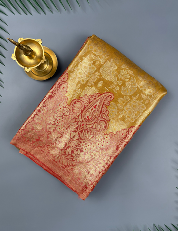 Radiant Yellow Gold & Crimson Red Tissue Kanjivaram Semi Silk Saree with Paisley Motifs