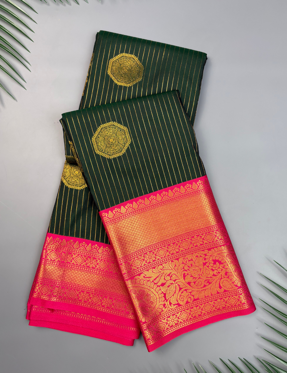 Deep Bottle green soft semi silk kanjivaram saree with pink korvai border