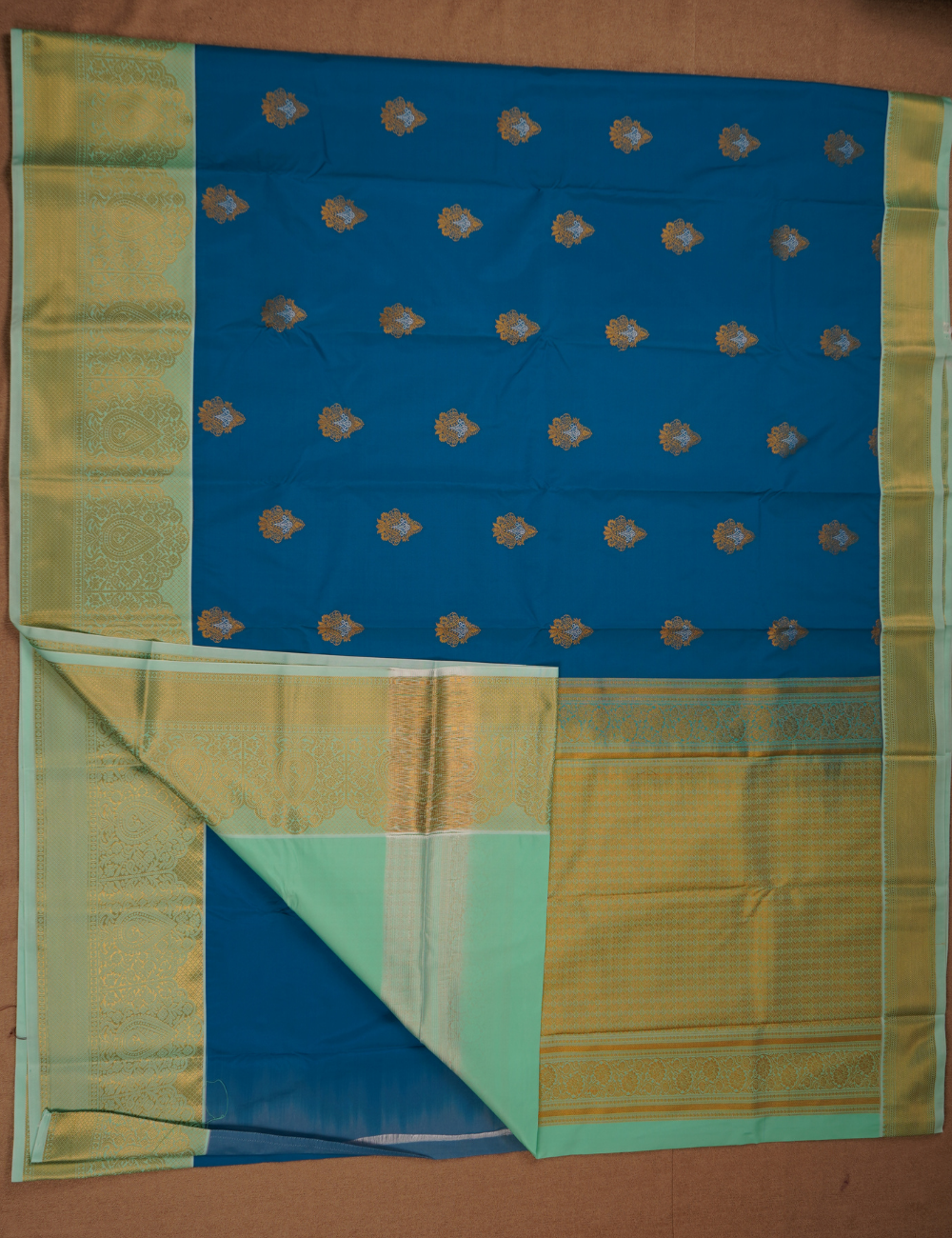 Blue Soft Semi Silk Kanjivaram Saree with Light Green Korvai Zari Border