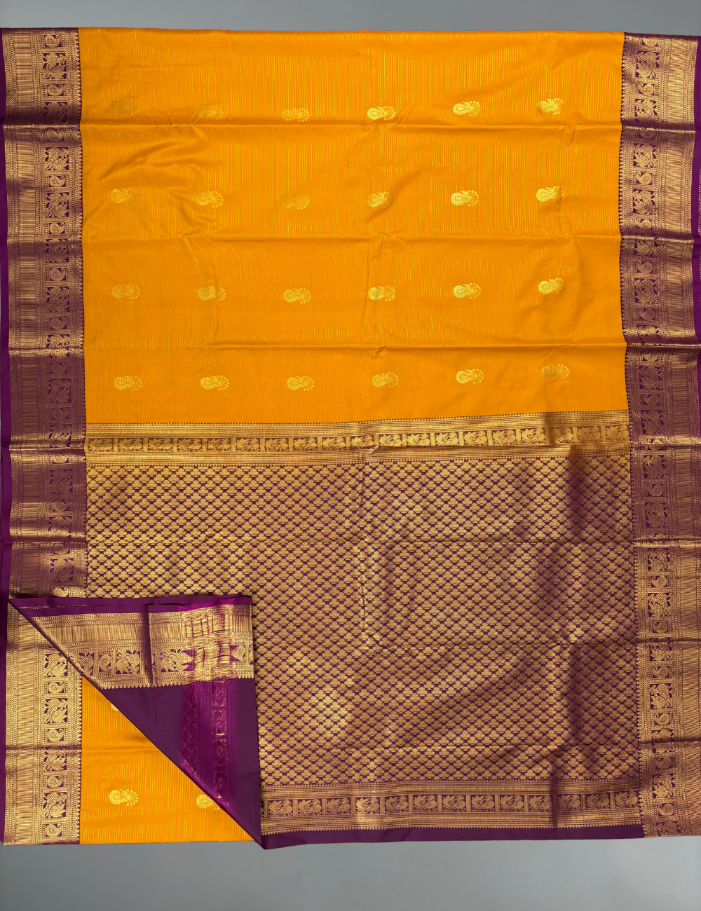 Marigold yellow Soft Semi Silk Kanjivaram with Korvai Purple Zari Border Saree