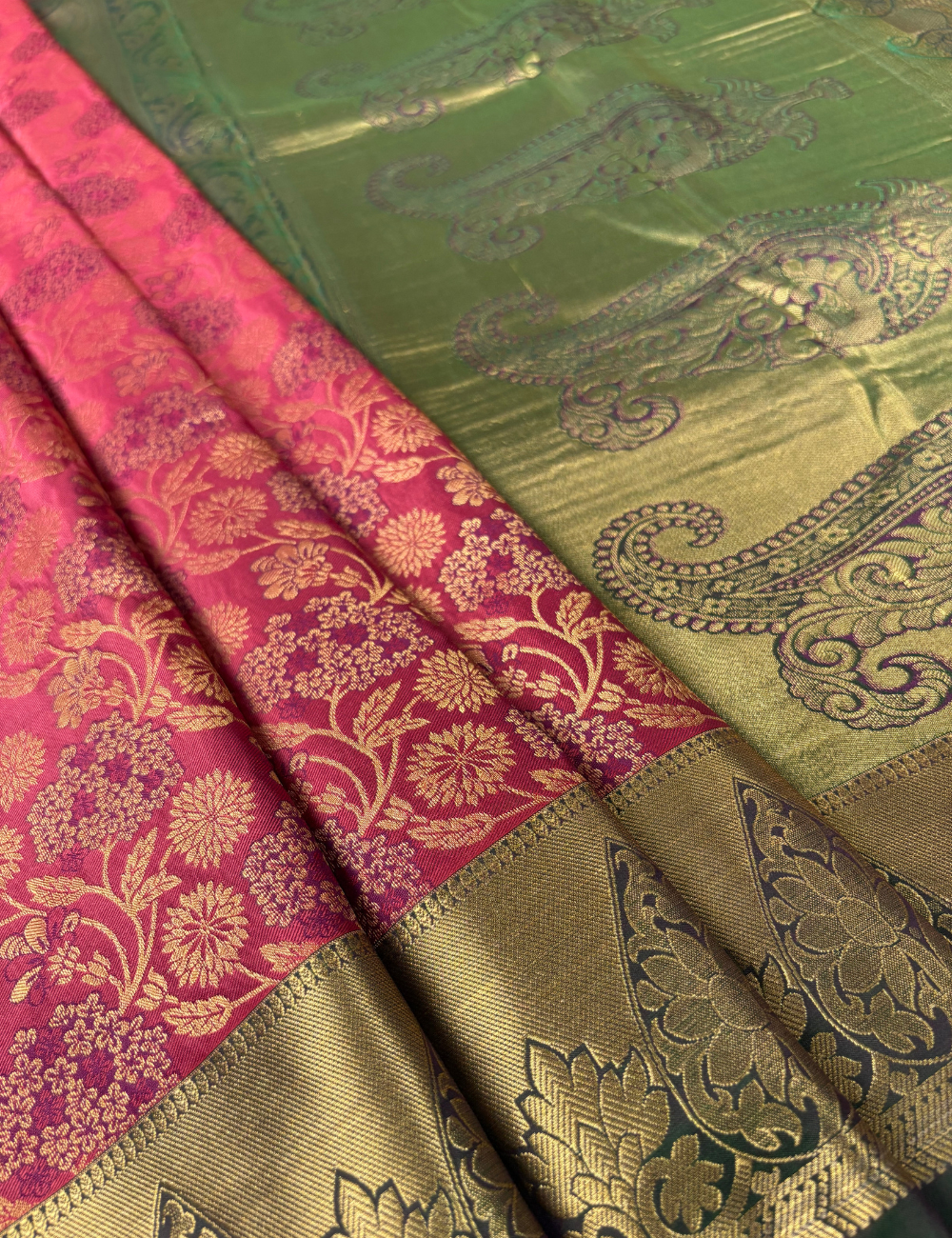 Regal Magenta Brocade Semi Silk Saree with Green Antique Gold Zari Border