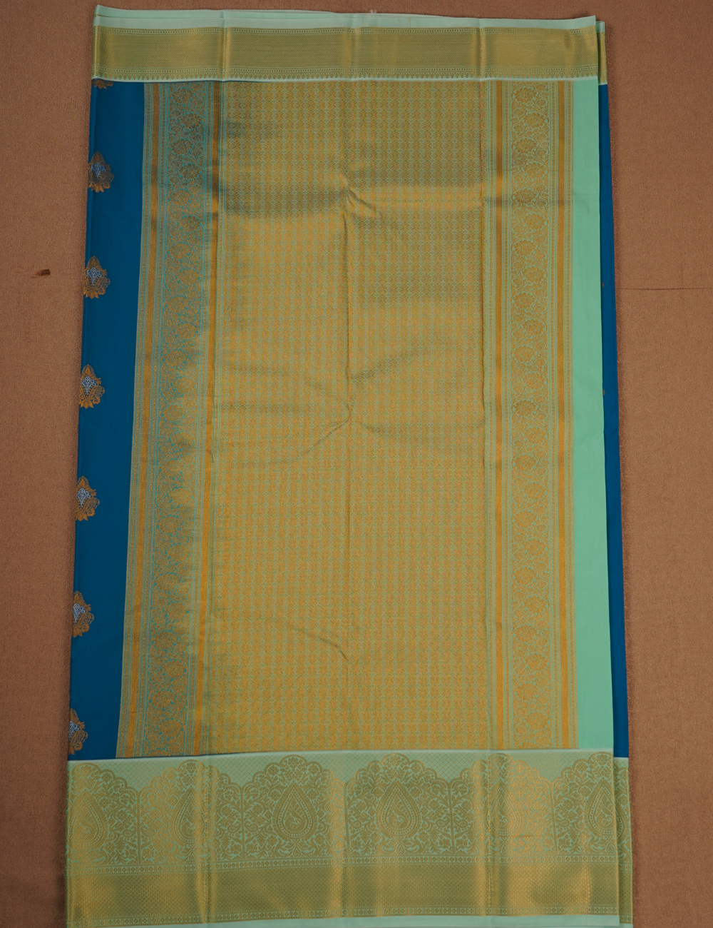 Blue Soft Semi Silk Kanjivaram Saree with Light Green Korvai Zari Border