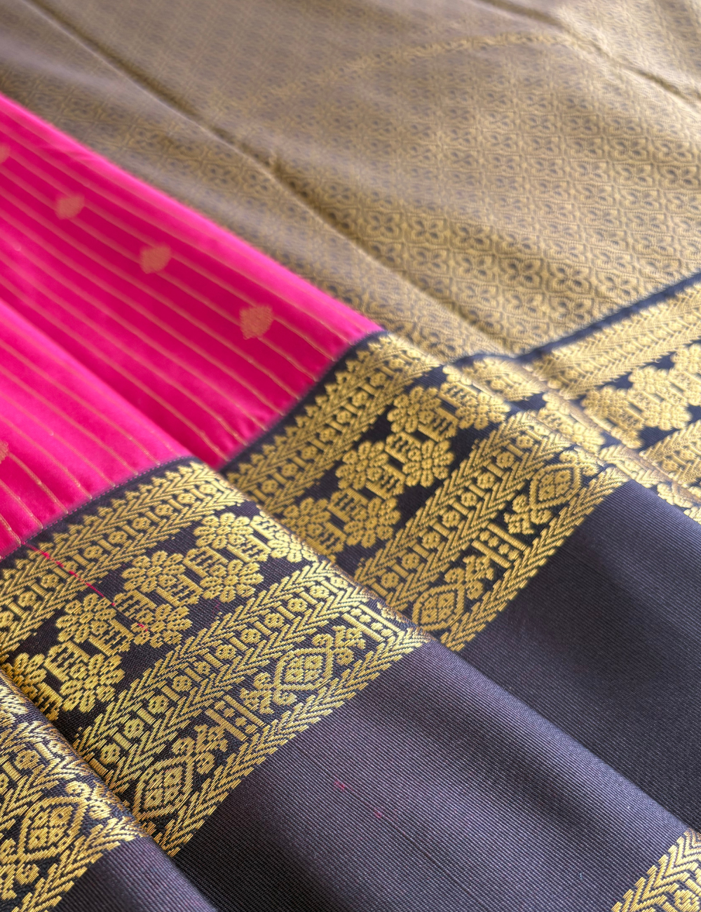 Dark Rose Pink & Deep purple Semi Silk Saree with Gold Zari Stripes and Traditional Woven Border
