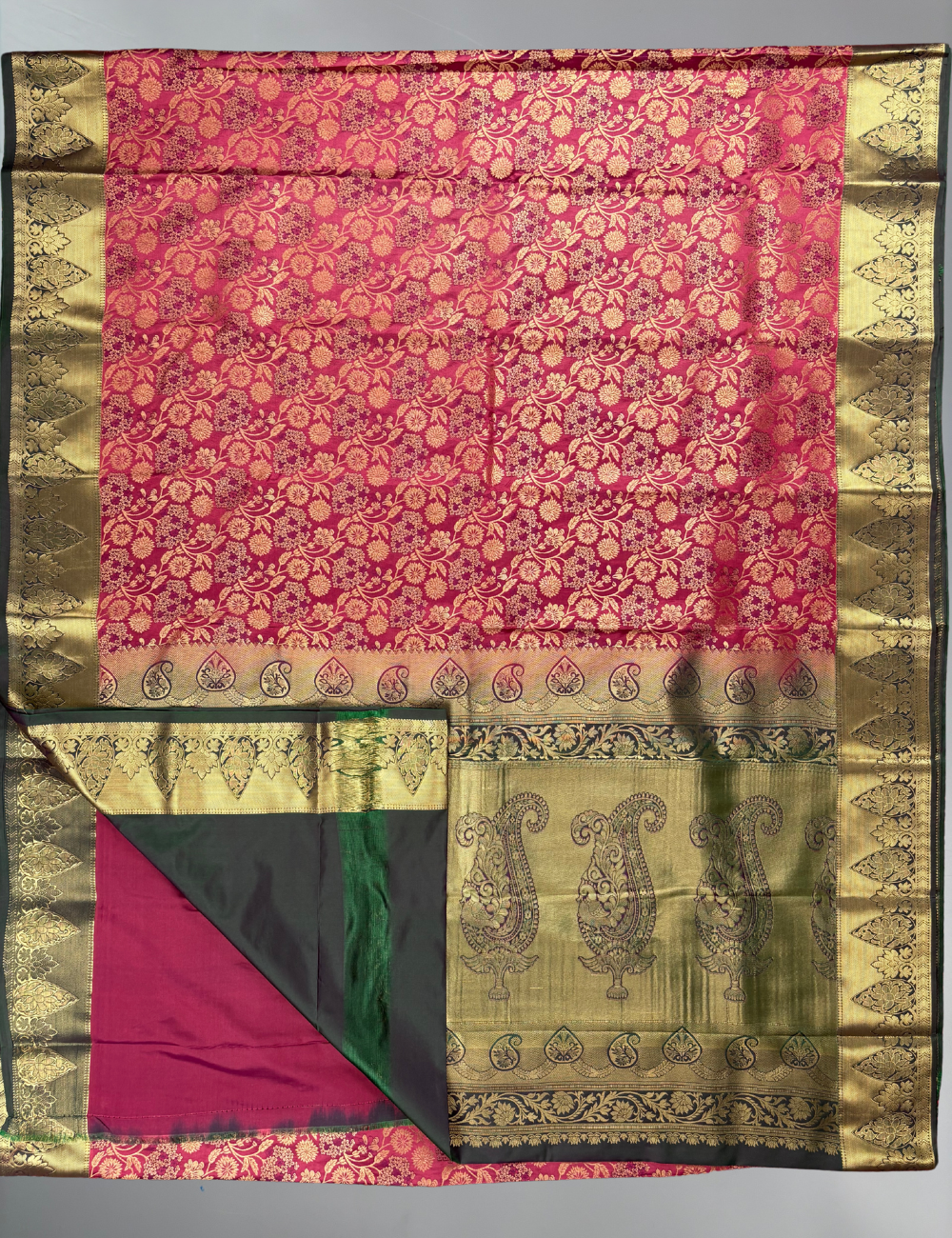Regal Magenta Brocade Semi Silk Saree with Green Antique Gold Zari Border
